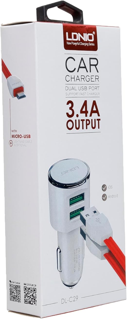 LDNIO DL-C29 High Quality Fast Car Charger Dual USB Port 3.4A With Micro USB Cable - White