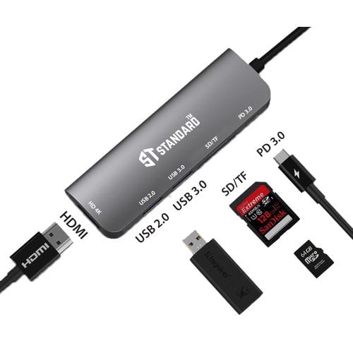 STANDARD Convertor ST-95116D 6 in1 Type-C to HDMI(4K@) -PD3.0- USB3.0- USB2.0- SD3.0- TF