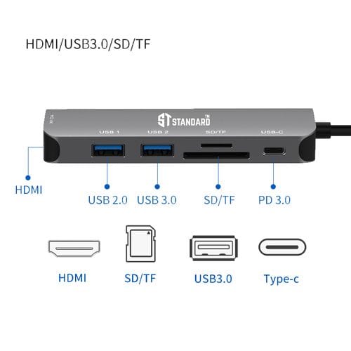 STANDARD Convertor ST-95116D 6 in1 Type-C to HDMI(4K@) -PD3.0- USB3.0- USB2.0- SD3.0- TF