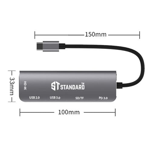 STANDARD Convertor ST-95116D 6 in1 Type-C to HDMI(4K@) -PD3.0- USB3.0- USB2.0- SD3.0- TF