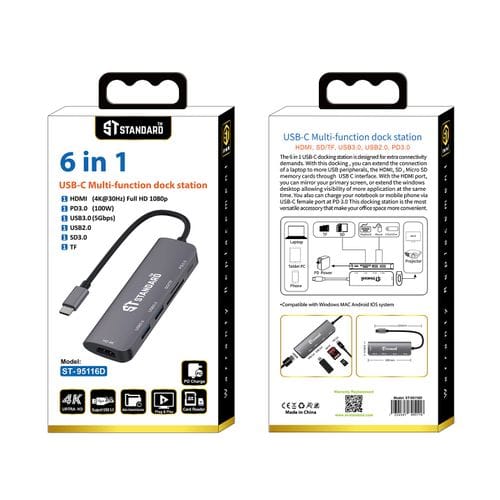STANDARD Convertor ST-95116D 6 in1 Type-C to HDMI(4K@) -PD3.0- USB3.0- USB2.0- SD3.0- TF