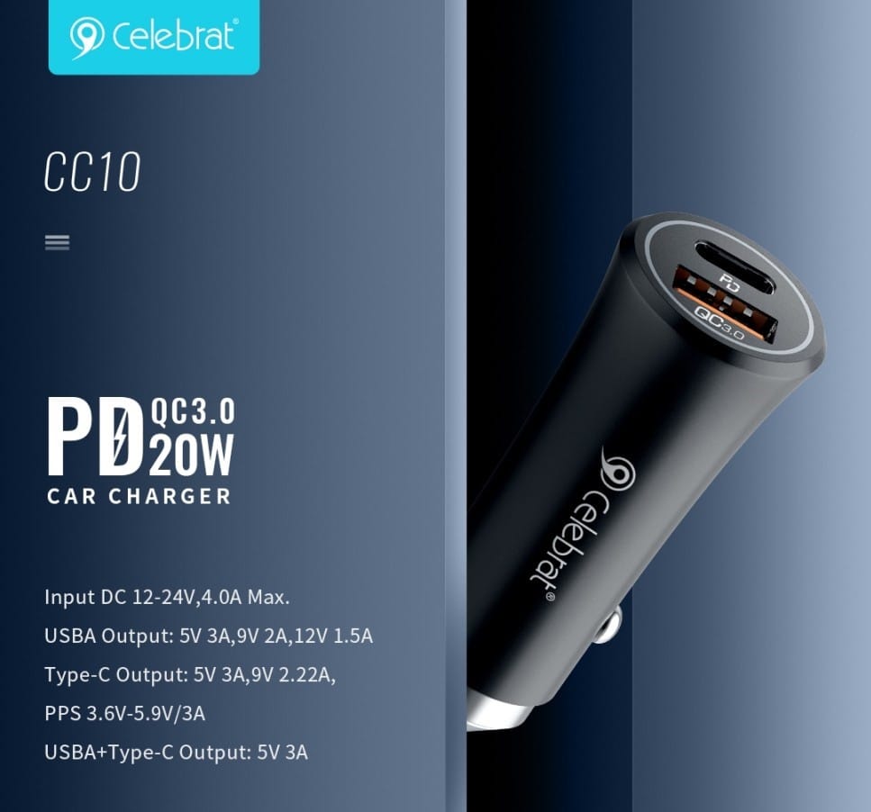 شاحن سيارة للموبايل سيليبريت بمنفذ تايب سي PD +QC3.0 منفذ يو اس بي بقوة 20 واط- شحن سريع