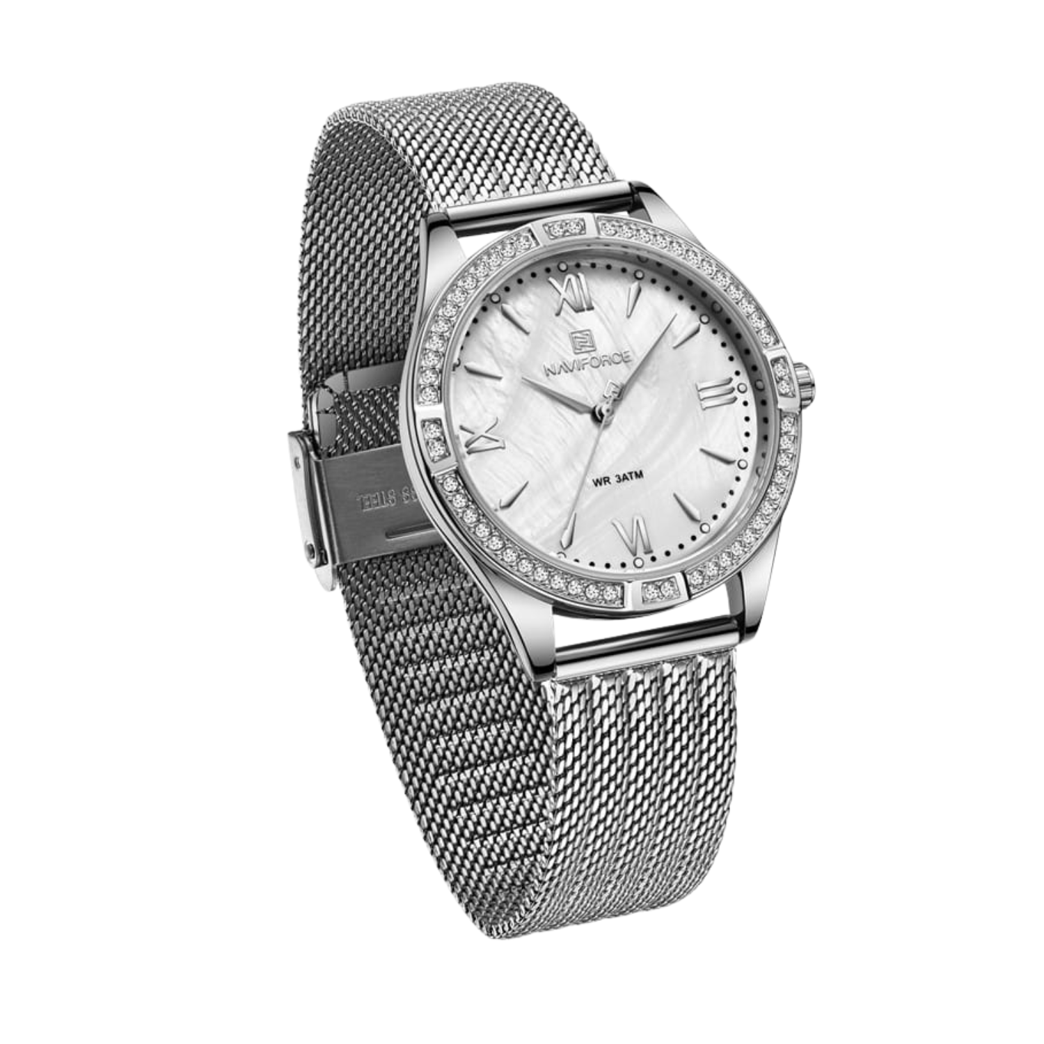 NaviForce NF5028 Women's Fashion Rhinestone Surrounded Roman Numeral Index Mesh Stainless Steel Quartz Watch - Silver