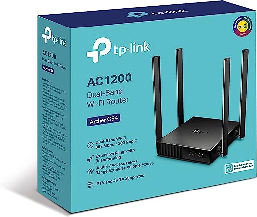 TP Link AC1200 WiFi Router Archer C54 5GHz Dual Band MU MIMO Wireless Internet Router Multi Mode 3 in 1 4 External Antennas Long Range Coverage Parental Controls, Black