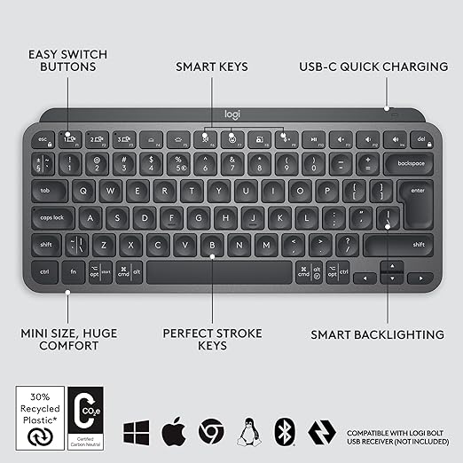 Logitech MX Keys Mini Minimalist Wireless Illuminated Keyboard, Bluetooth