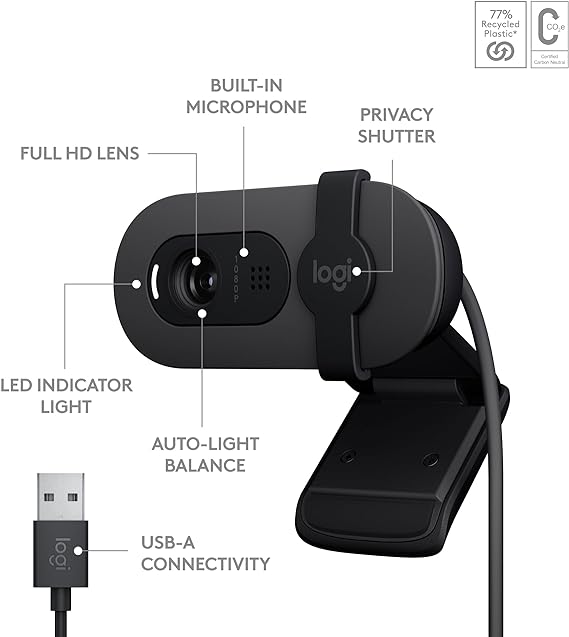 Logitech Brio 100 Full HD Webcam for Meetings and Streaming, Auto-Light Balance, Built-in Mic, Privacy Shutter, USB-A, for Microsoft Teams, Google Meet, Zoom and More- Graphite