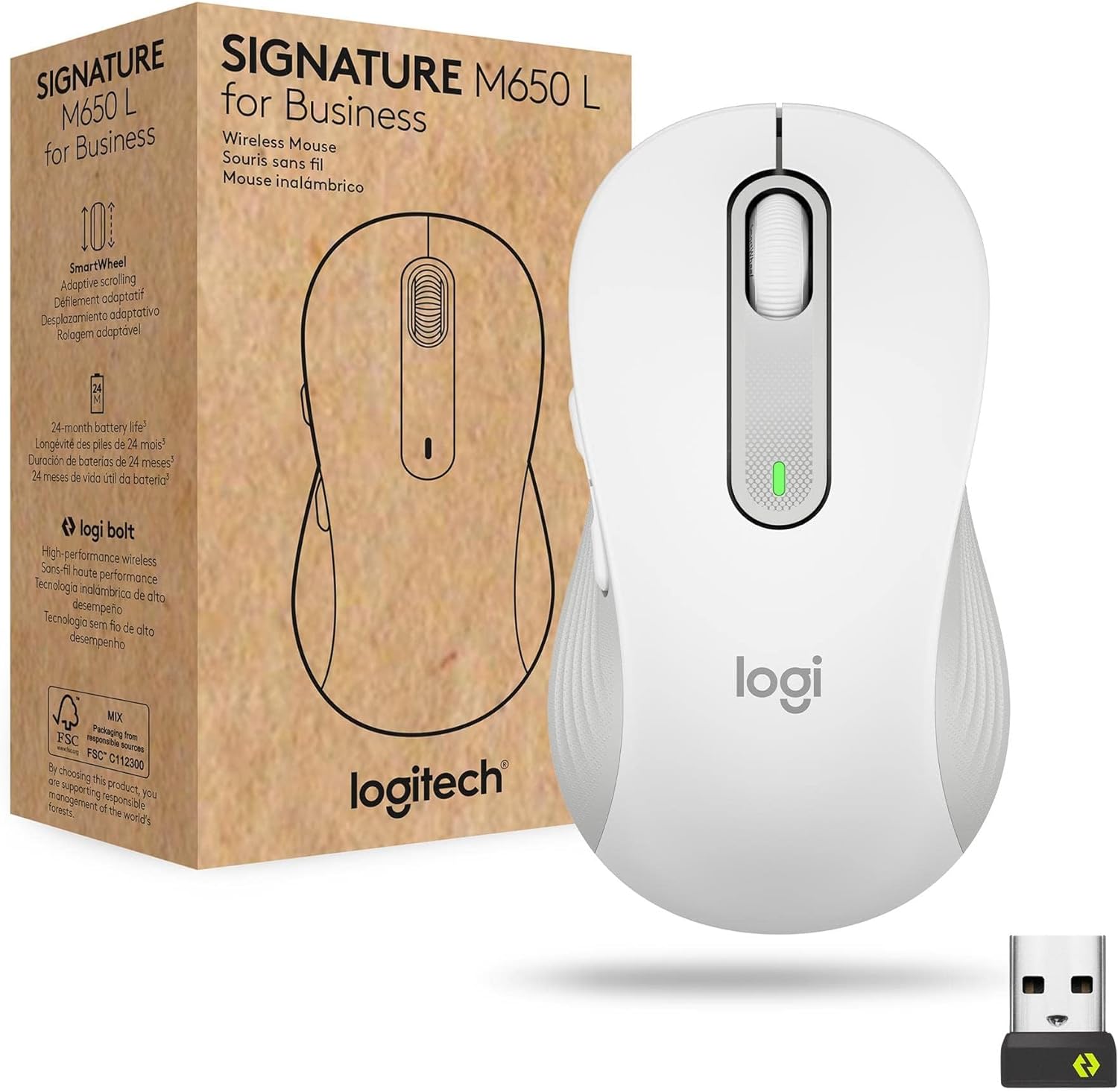 Logitech Signature M650 L for Business Large Hands Wireless Mouse, Logi Bolt, Bluetooth, SmartWheel - White