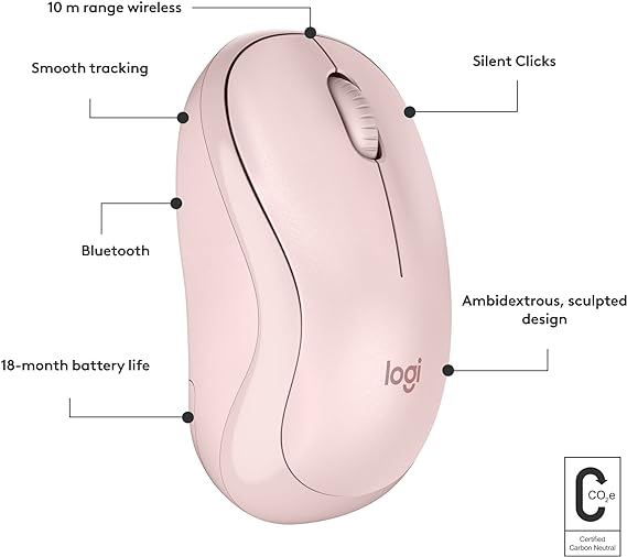 Logitech M240 Silent Bluetooth Mouse, Wireless, Compact, Portable, Smooth Tracking, 18-Month Battery, for Windows, macOS, ChromeOS, Compatible with PC, Mac, Laptop, Tablets - Rose