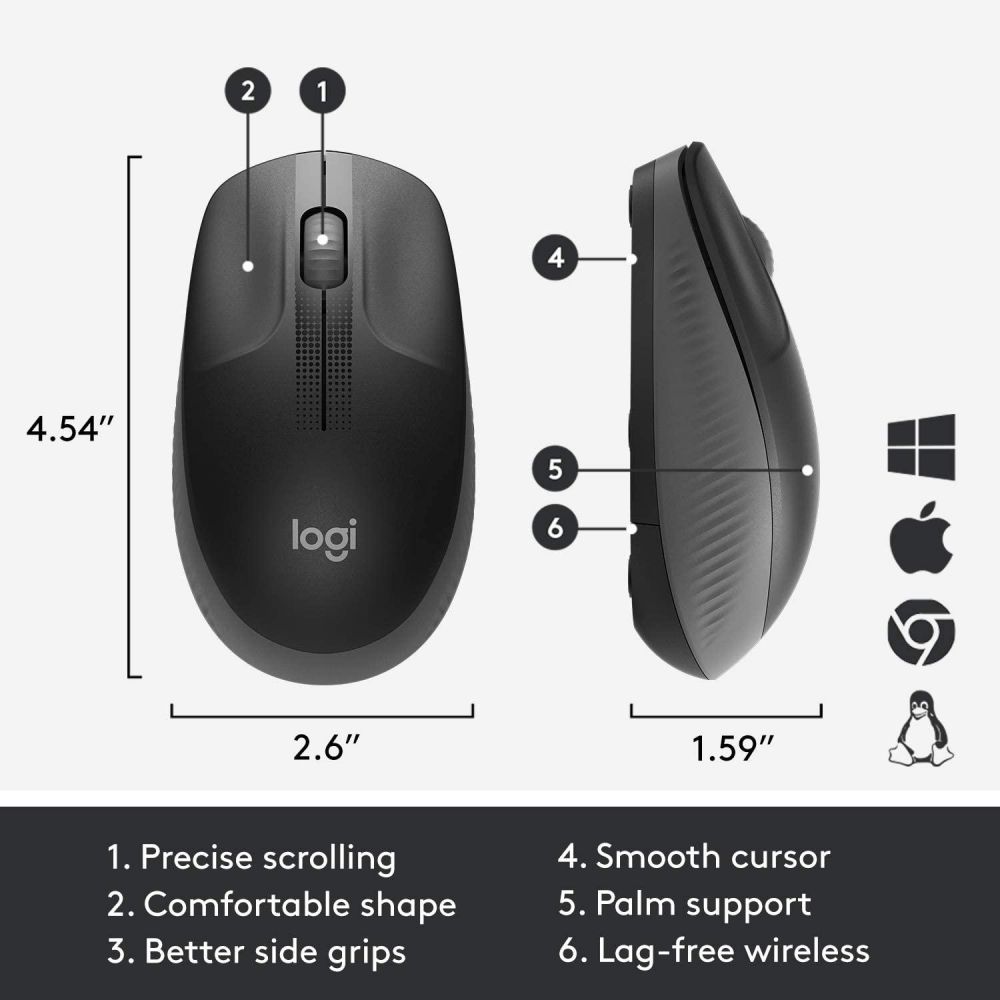 Logitech Wireless Mouse M190 Full Size Ambidextrous Curve Design 18-Month Battery with Power Saving Mode Precise Cursor Control - Black