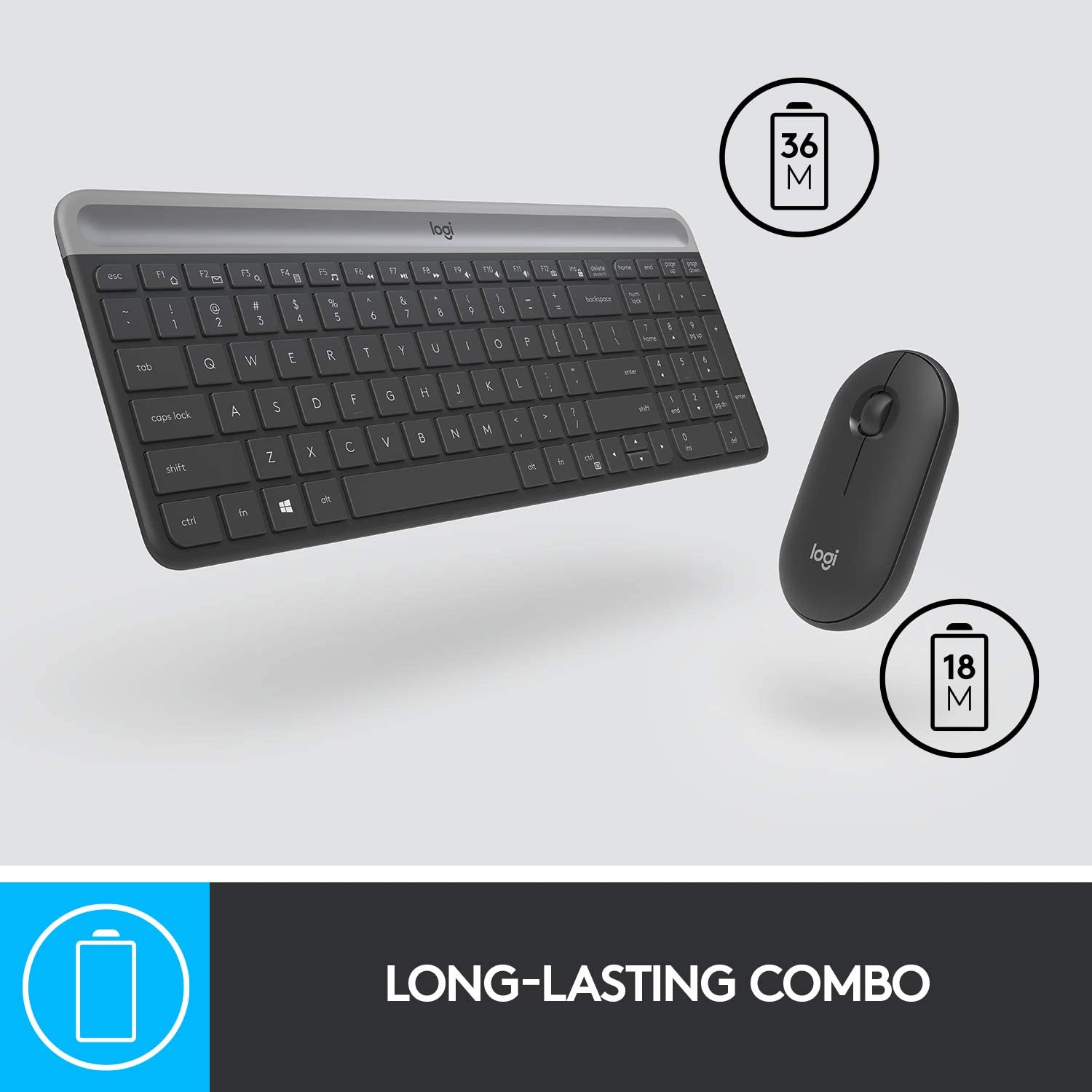 Logitech MK470 Slim Wireless Keyboard & Mouse Combo for Windows, 2.4GHz Unifying USB-Receiver, Low Profile, Whisper-Quiet, Long Battery Life, Optical Mouse, PC/Laptop, QWERTY - Black