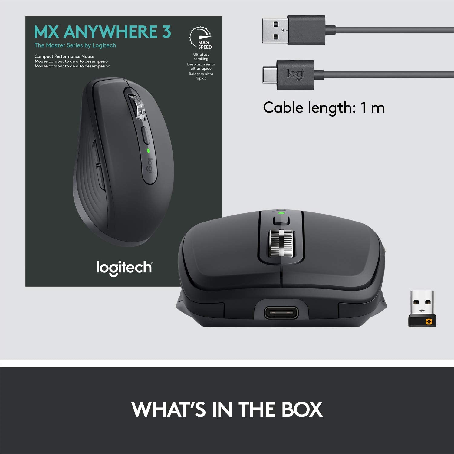 Logitech MX Anywhere 3 Compact Performance Mouse – Wireless, Magnetic Scrolling, Ergonomic, 4000DPI Sensor, Custom Buttons, USB-C, Bluetooth, Apple Mac, iPad, Windows PC, Linux, Chrome - GRAPHITE