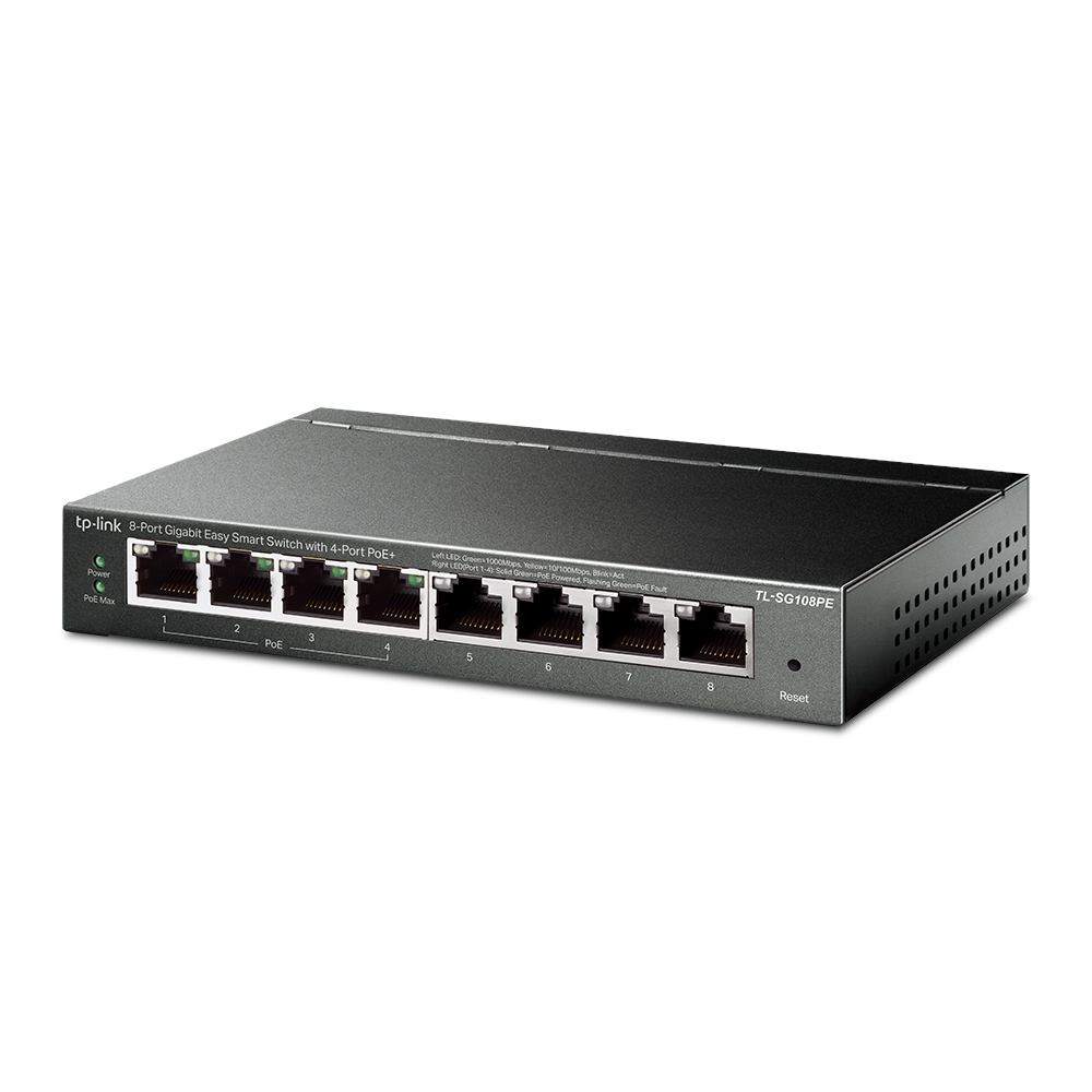 سو+8Port Gigabit Easy Smart Switch with 4-Port PoEيتش من تي بي لينك TL-SG108PE جيجا بيت 8 مخارج و 4 POE+