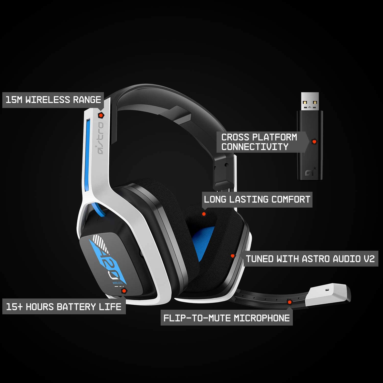 ASTRO Gaming A20 Wireless Headset Gen 2, Lightweight and Damage Resistant, Flip-to-mute microphone, +15 Hour battery life, 15m range, for PlayStation 5, PS4, PC, Mac - White/Blue