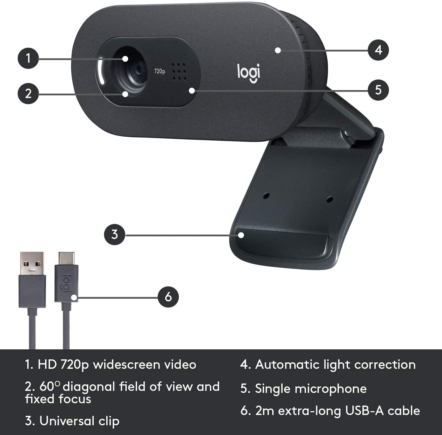 Logitech C505 HD Webcam - 720p HD External USB Camera for Desktop or Laptop with Long-Range Microphone, Compatible with PC or Mac - Grey