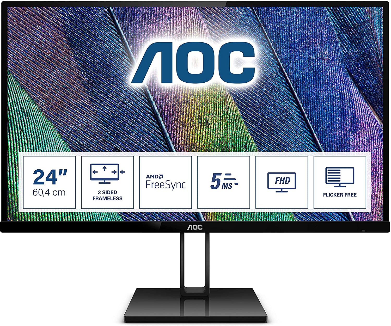 AOC 24V2Q - 24 Inch FHD Monitor, 75Hz, 5ms, IPS, AMD FreeSync, Ultra Slim, FlickerFree, LowBlue mode (1920 x 1080 @ 75Hz, 250cd/m², HDMI 1.4 x 1, DisplayPort 1.2 x 1)