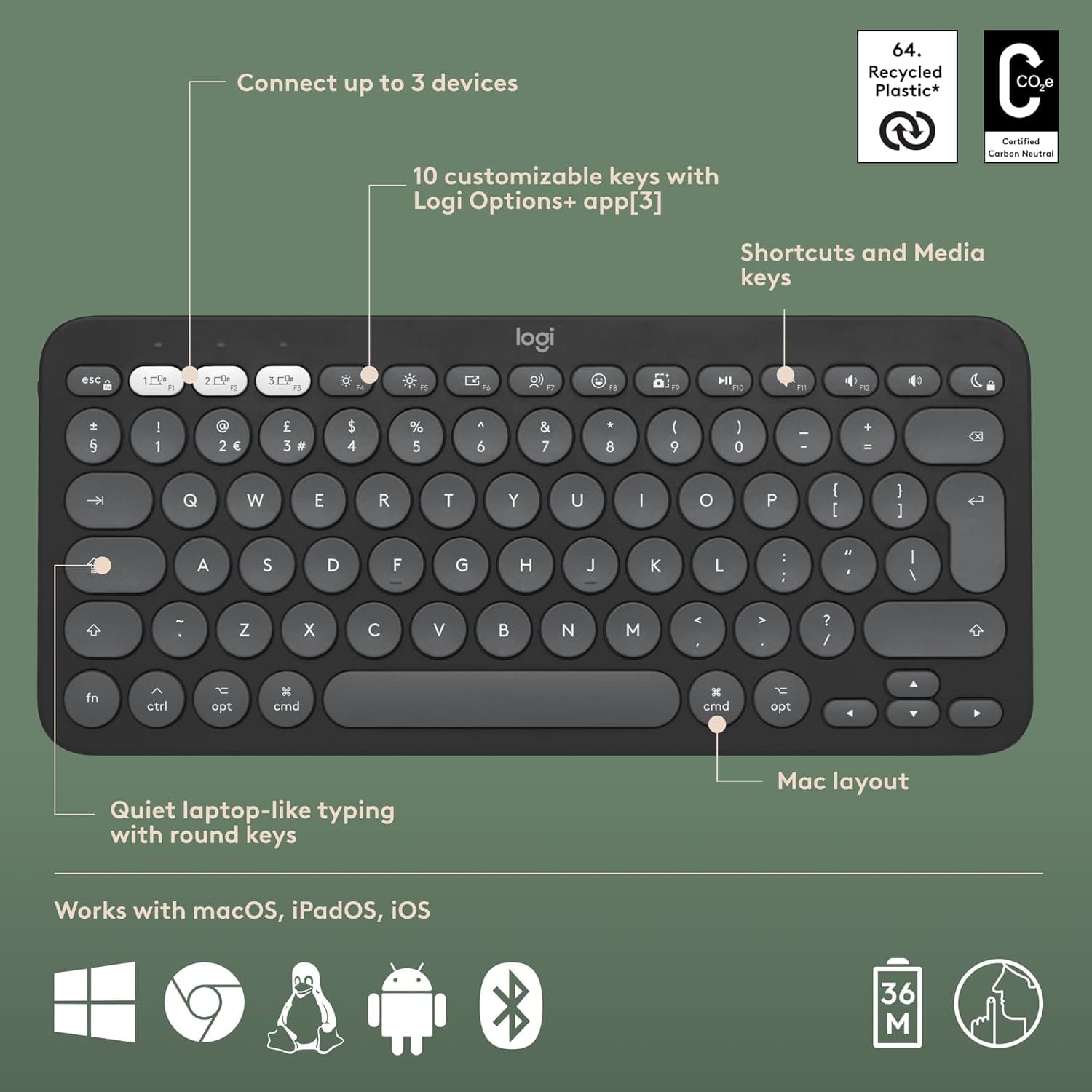 مجموعة بيبل 2 لجهاز ماك من لوجيتيك - تصميم ألماني QWERTZ، لون جرافيت، بلوتوث