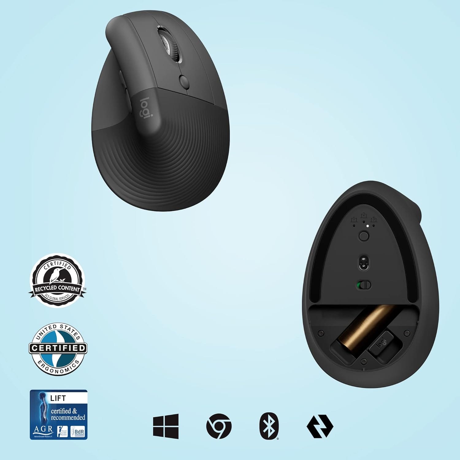 ماوس لوجيتك رافغ عمودي ومريح ولاسلكي يعمل بالبلوتوث او لوجي بولت بمستقبل USB - جرافيت (910-006473)