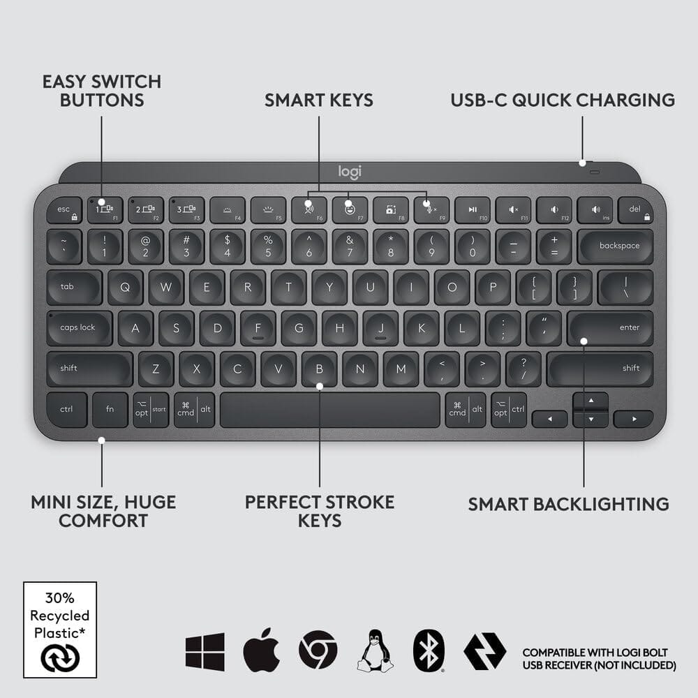 Logitech MX Keys Mini Minimalist Wireless Illuminated Keyboard, Bluetooth