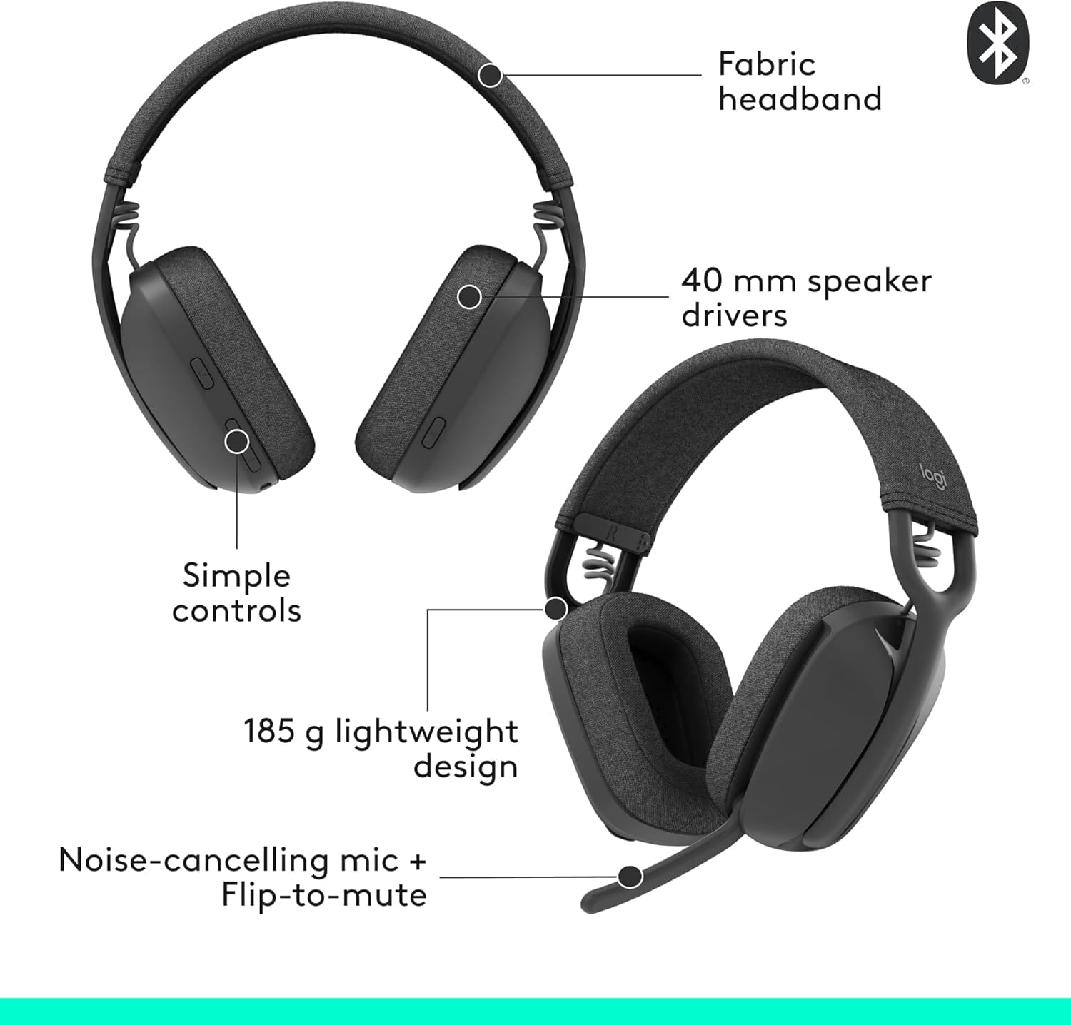 سماعات الرأس Logitech Zone Vibe 100 اللاسلكية خفيفة الوزن فوق الأذن (981-001213)