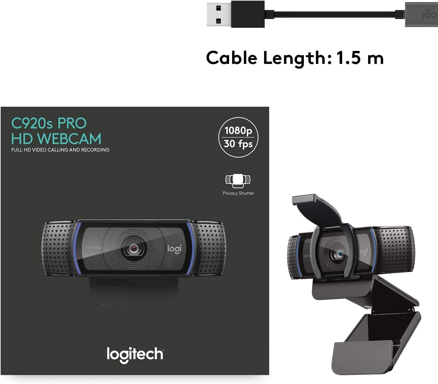 كاميرا ويب Logitech C920S HD Pro Stream (دقة عالية كاملة 1080 بكسل/30 إطارًا في الثانية) - أسود (960-001252)