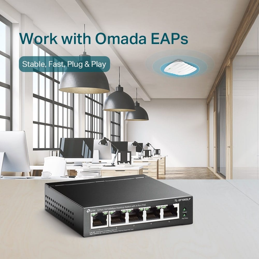 TP-Link TL-SF1005LP - مفتاح سطح مكتب بخمسة منافذ بسرعة 10/100 ميجابت في الثانية مع 4 منافذ PoE