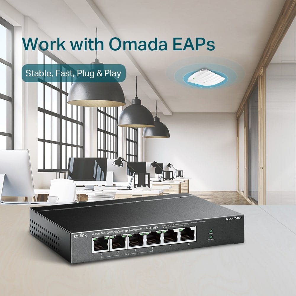 TP-Link TL-SF1006P - مفتاح سطح مكتب 6 منافذ 10/100 ميجابت في الثانية مع 4 منافذ PoE+