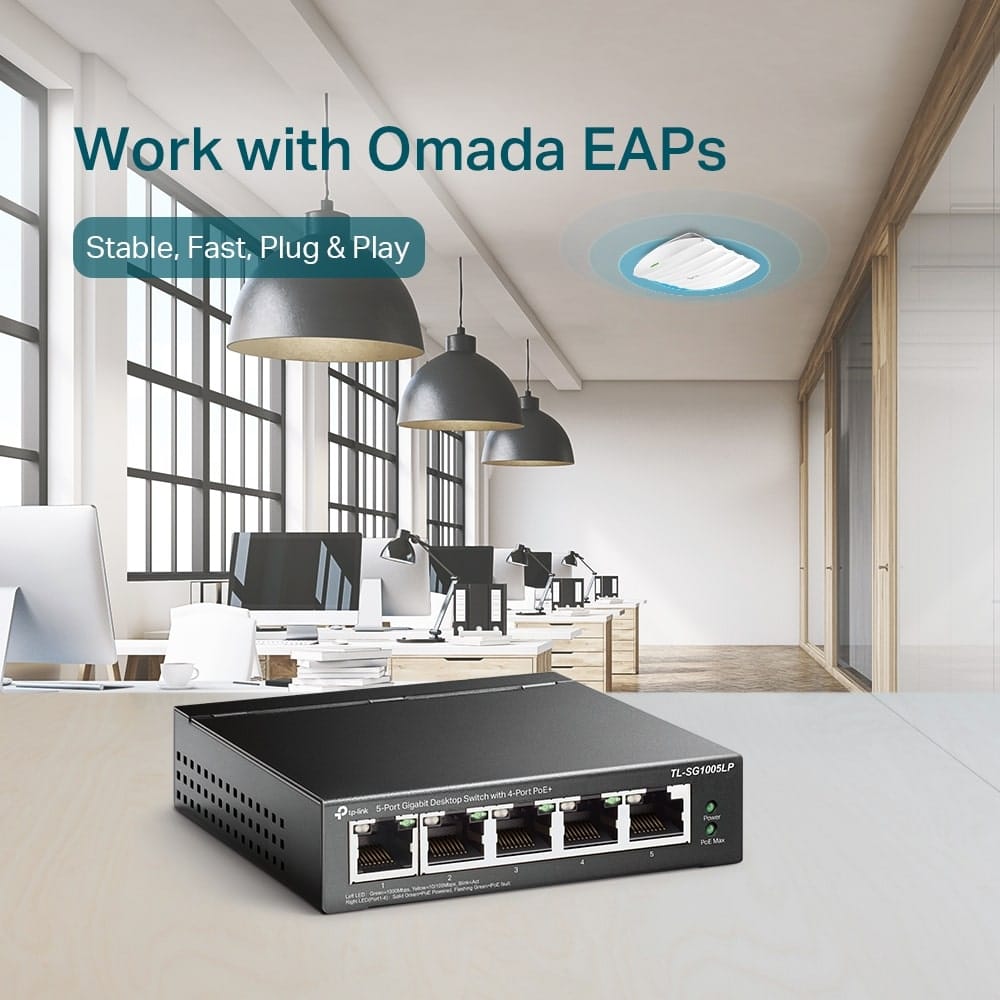 TP-Link TL-SG1005LP - محول سطح مكتب جيجابت بخمسة منافذ مع أربعة منافذ PoE+