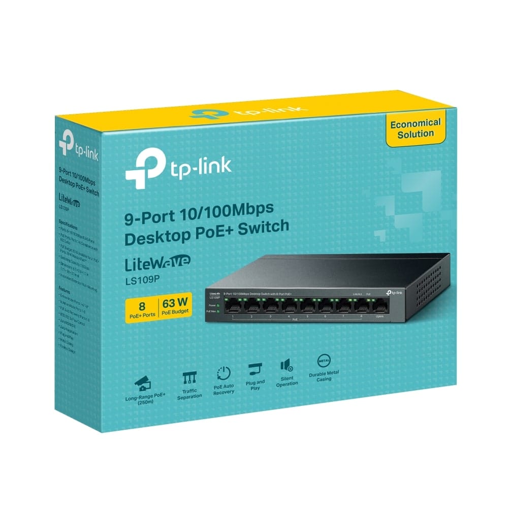 TP-Link LS109P - مفتاح سطح مكتب 9 منافذ 10/100 ميجابت في الثانية مع 8 منافذ PoE+