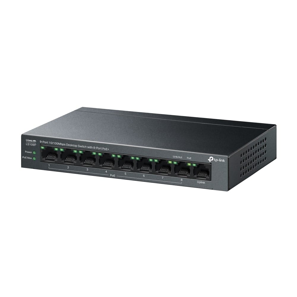 TP-Link LS109P - مفتاح سطح مكتب 9 منافذ 10/100 ميجابت في الثانية مع 8 منافذ PoE+