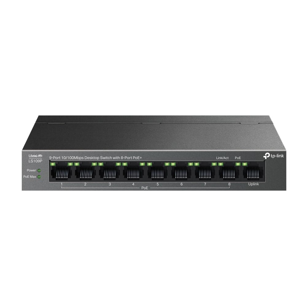 TP-Link LS109P - مفتاح سطح مكتب 9 منافذ 10/100 ميجابت في الثانية مع 8 منافذ PoE+