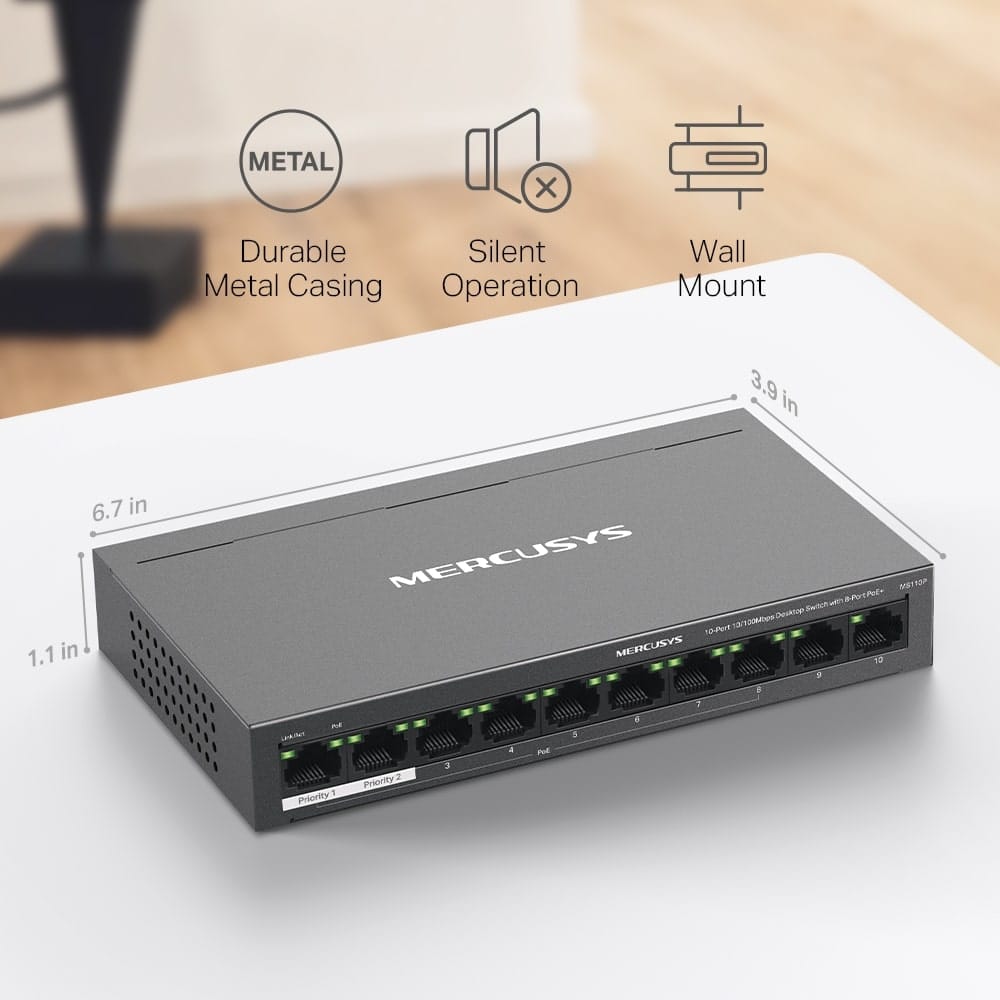 MERCUSYS MS110P - مفتاح سطح مكتب 10 منافذ 10/100 ميجابت في الثانية مع 8 منافذ PoE+