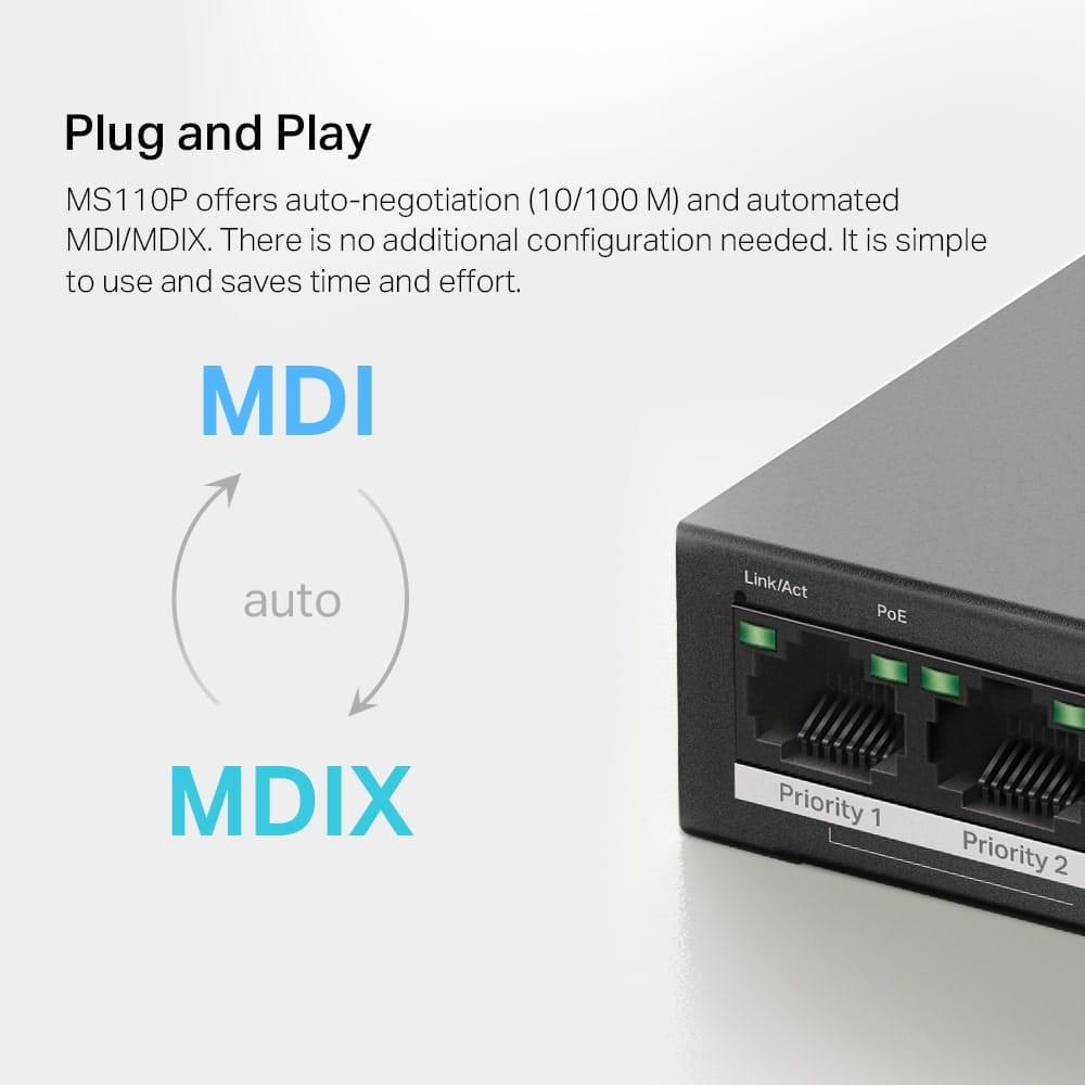 MERCUSYS MS110P - مفتاح سطح مكتب 10 منافذ 10/100 ميجابت في الثانية مع 8 منافذ PoE+