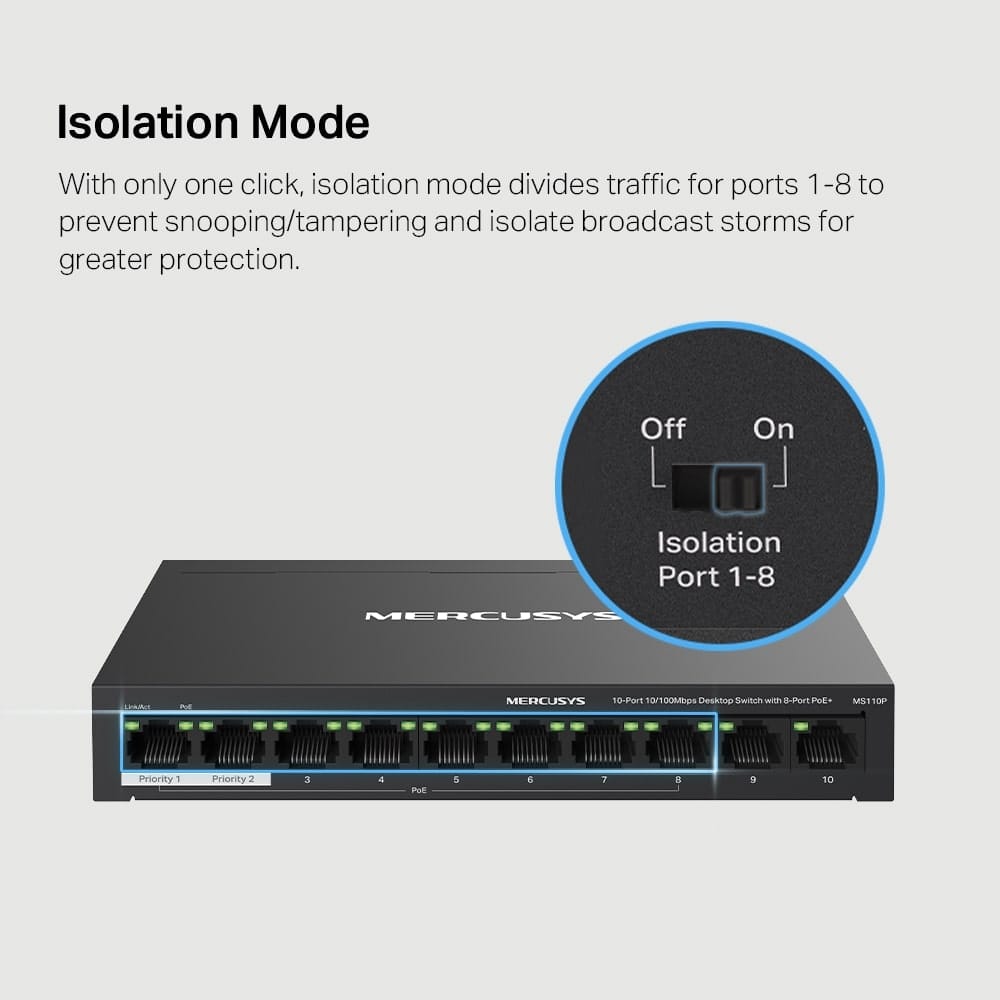 MERCUSYS MS110P - مفتاح سطح مكتب 10 منافذ 10/100 ميجابت في الثانية مع 8 منافذ PoE+