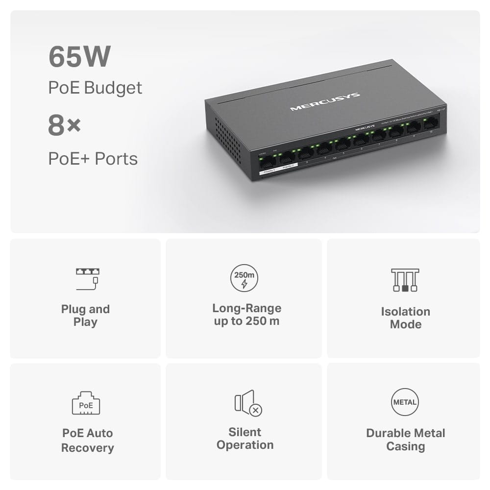 MERCUSYS MS110P - مفتاح سطح مكتب 10 منافذ 10/100 ميجابت في الثانية مع 8 منافذ PoE+