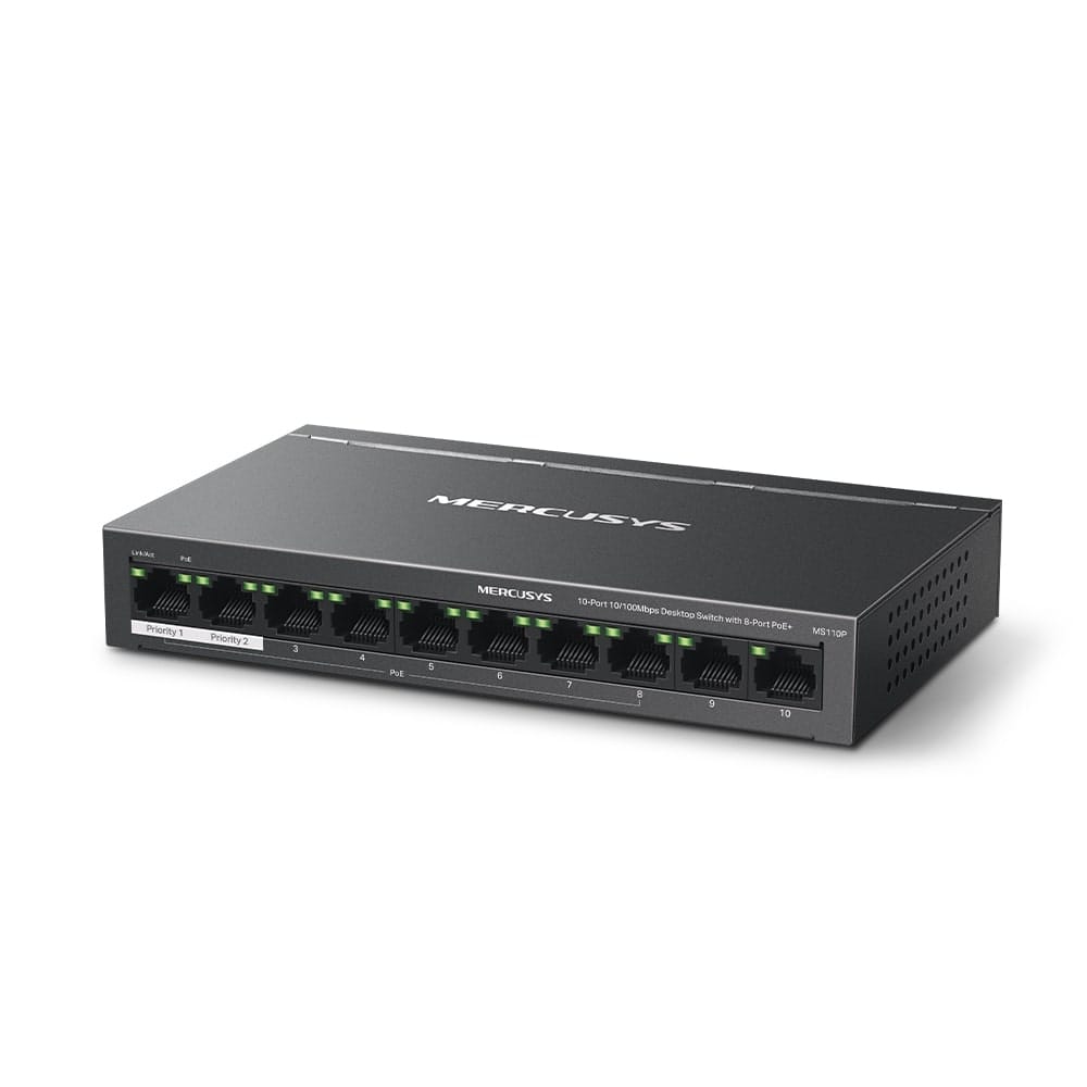 MERCUSYS MS110P - مفتاح سطح مكتب 10 منافذ 10/100 ميجابت في الثانية مع 8 منافذ PoE+