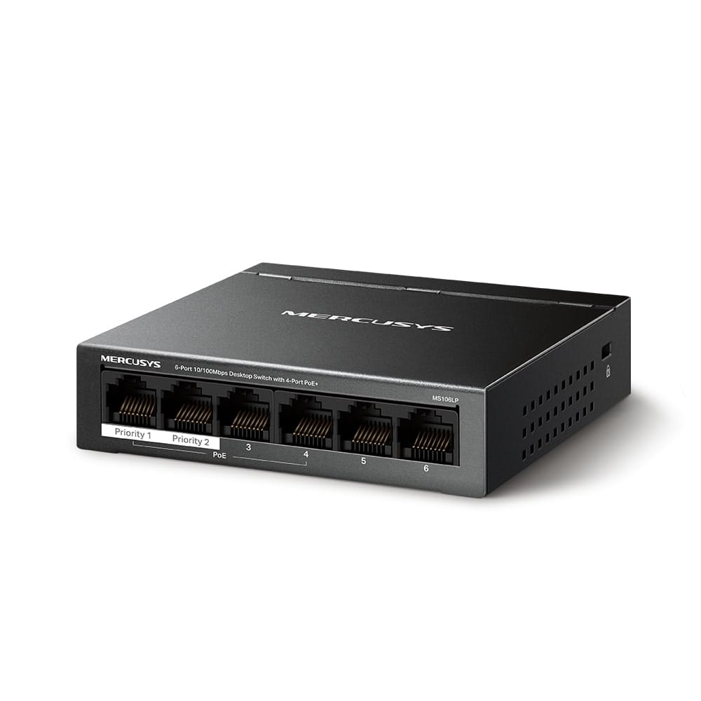 MERCUSYS MS106LP - مفتاح سطح مكتب بستة منافذ بسرعة 10/100 ميجابت في الثانية مع 4 منافذ PoE+