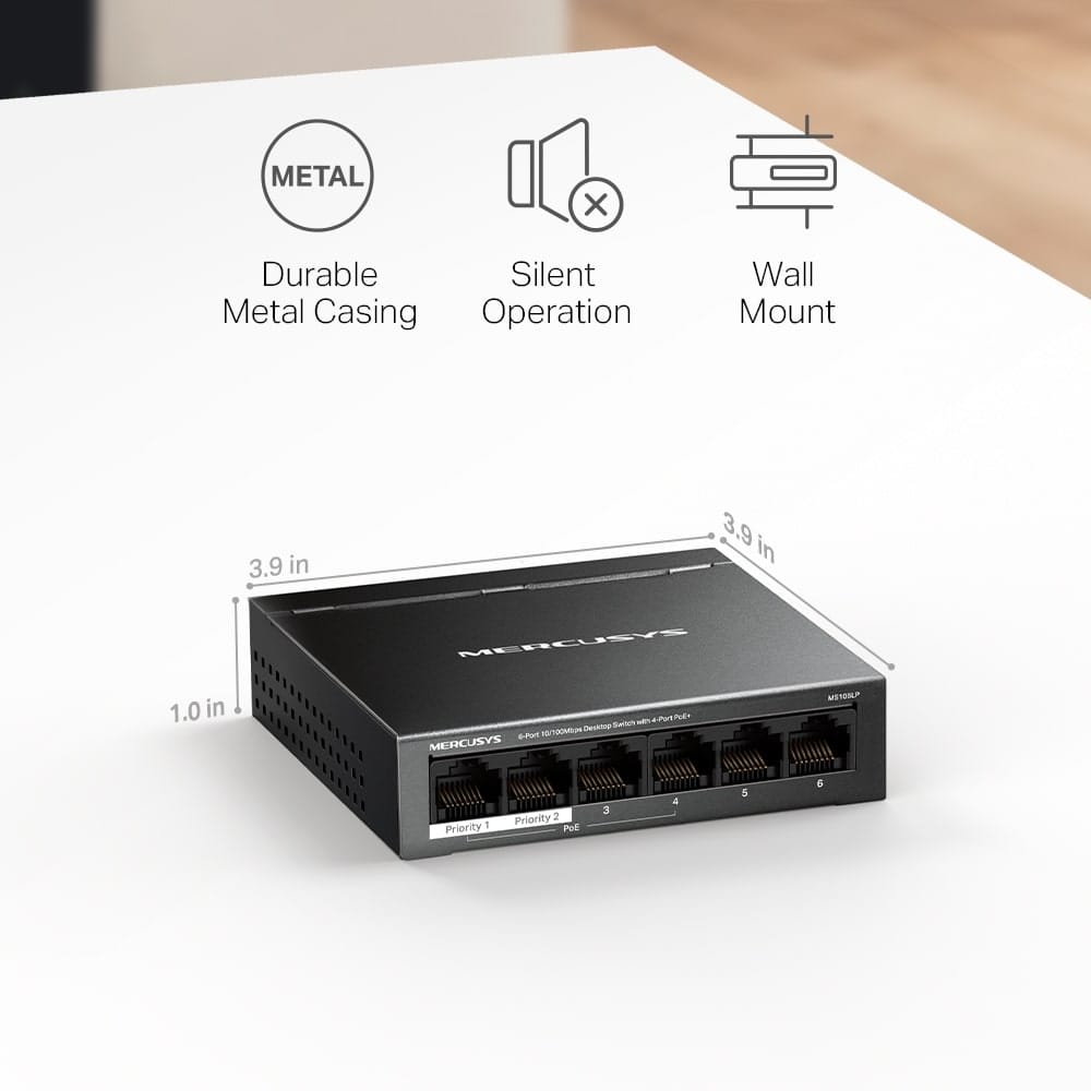 MERCUSYS MS106LP - مفتاح سطح مكتب بستة منافذ بسرعة 10/100 ميجابت في الثانية مع 4 منافذ PoE+