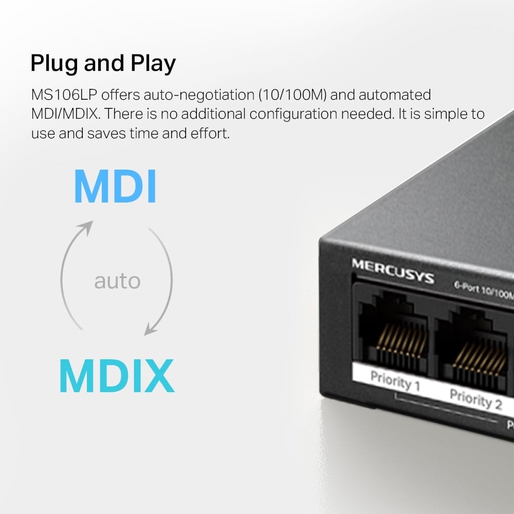 MERCUSYS MS106LP - مفتاح سطح مكتب بستة منافذ بسرعة 10/100 ميجابت في الثانية مع 4 منافذ PoE+