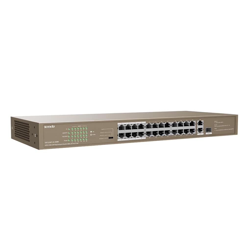 Tenda TEF112P-24-250W - مفتاح تركيب على الرف 24FE+2GE/1SFP مزود بـ 24 منفذ PoE