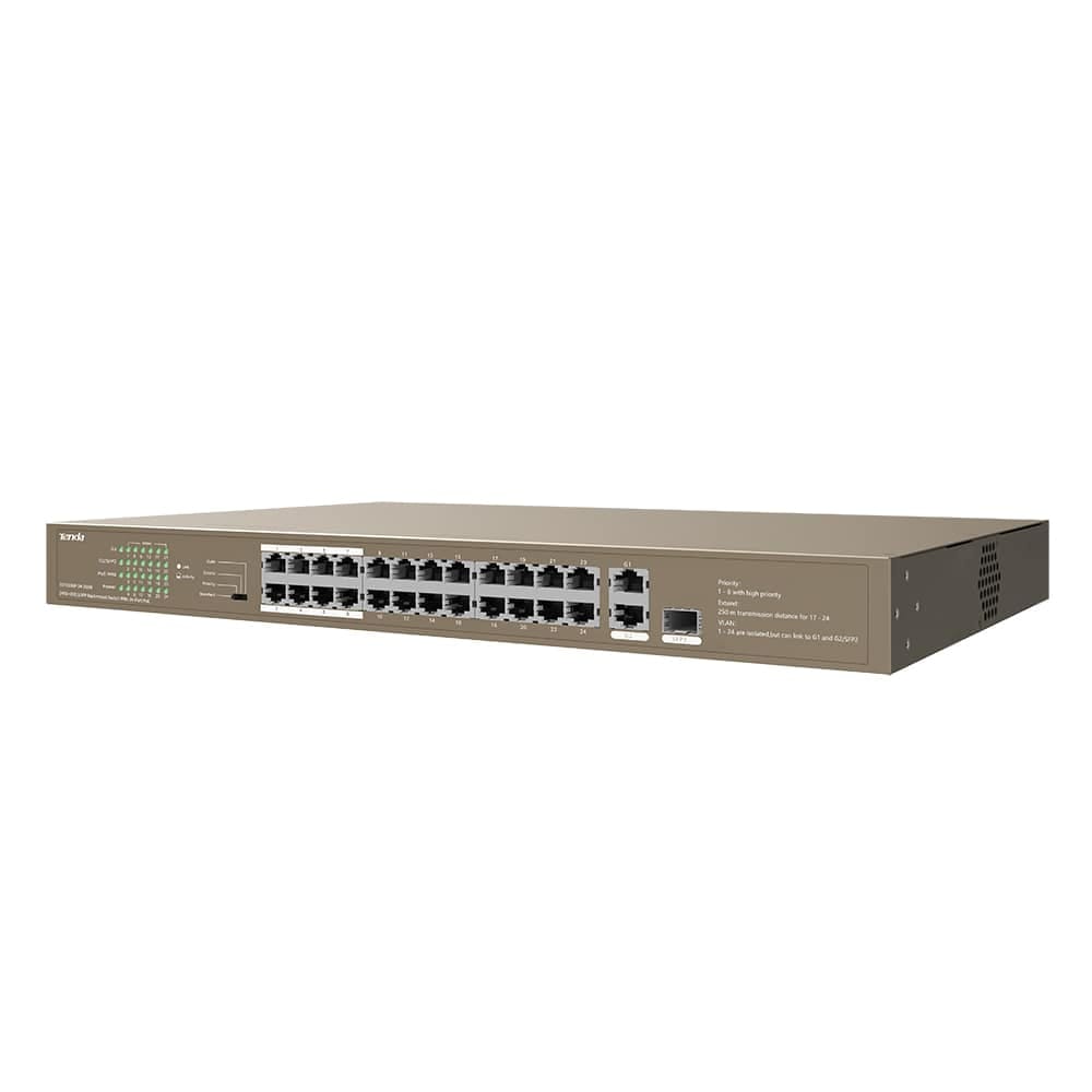 Tenda TEF112P-24-250W - مفتاح تركيب على الرف 24FE+2GE/1SFP مزود بـ 24 منفذ PoE